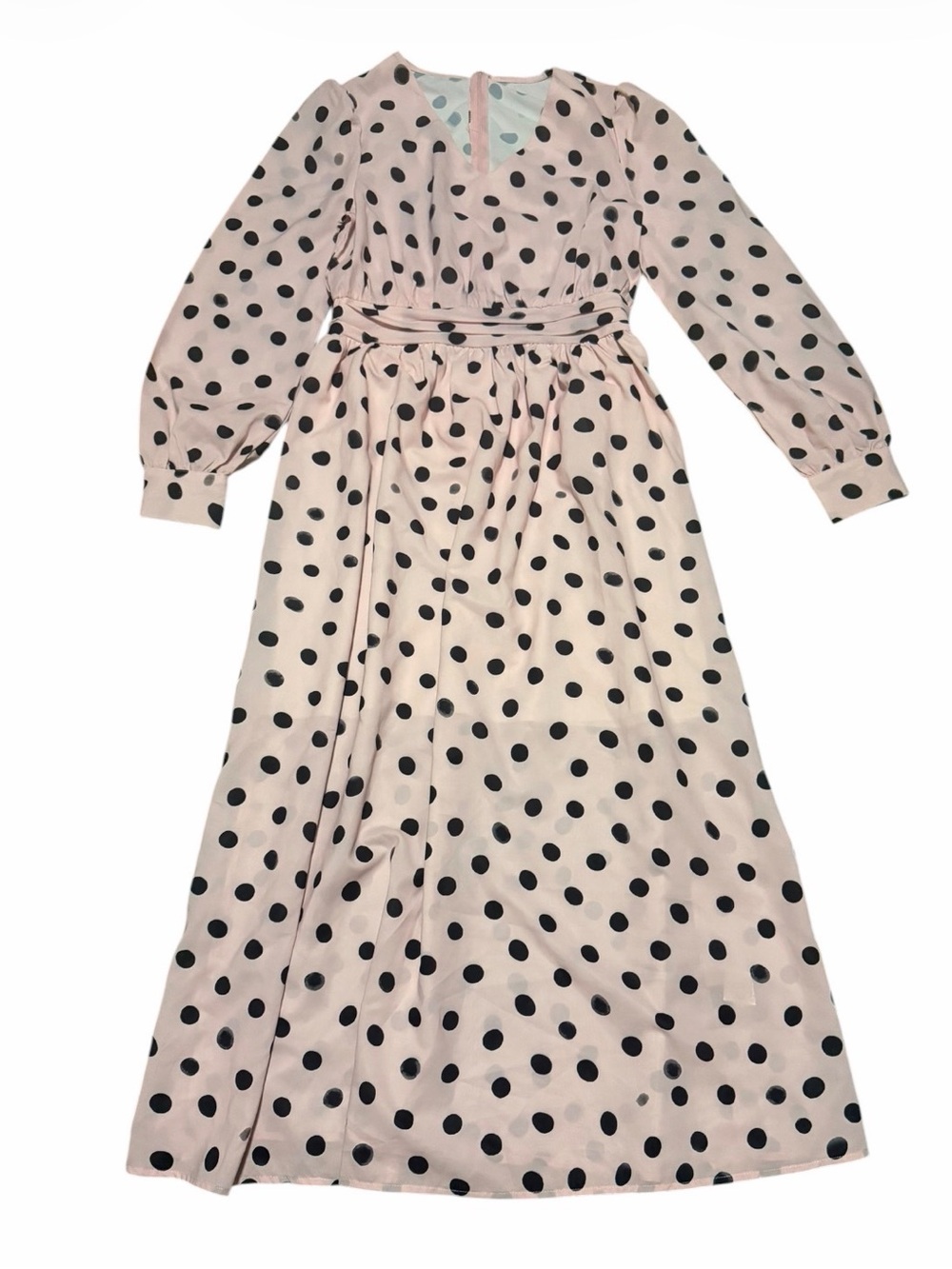 Women's Pink Polka Dot Maxi Dress with Long Sleeves